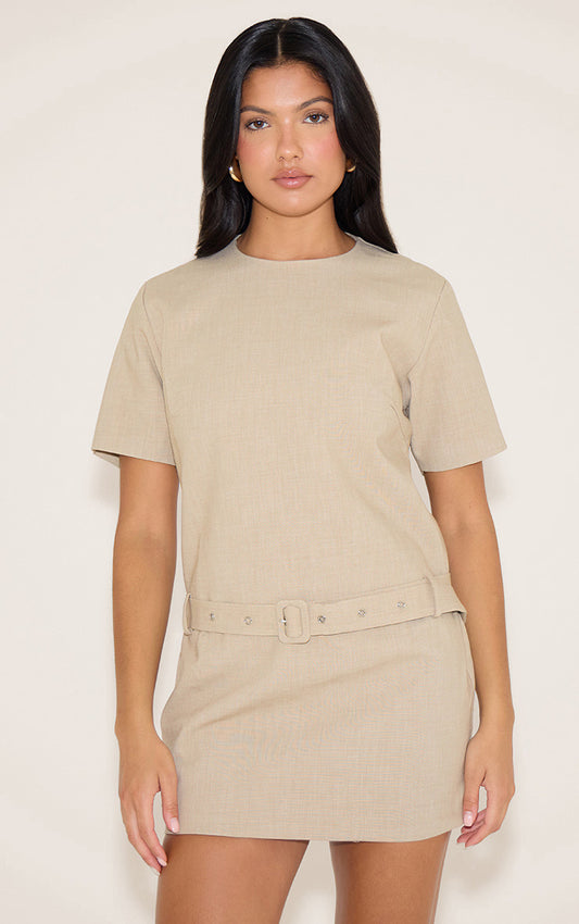 Stone Woven Oversized Short Sleeve Belted Mini Dress