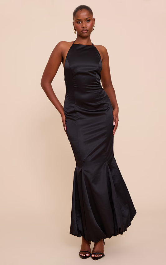 Black Satin Halterneck Puffball Maxi Dress