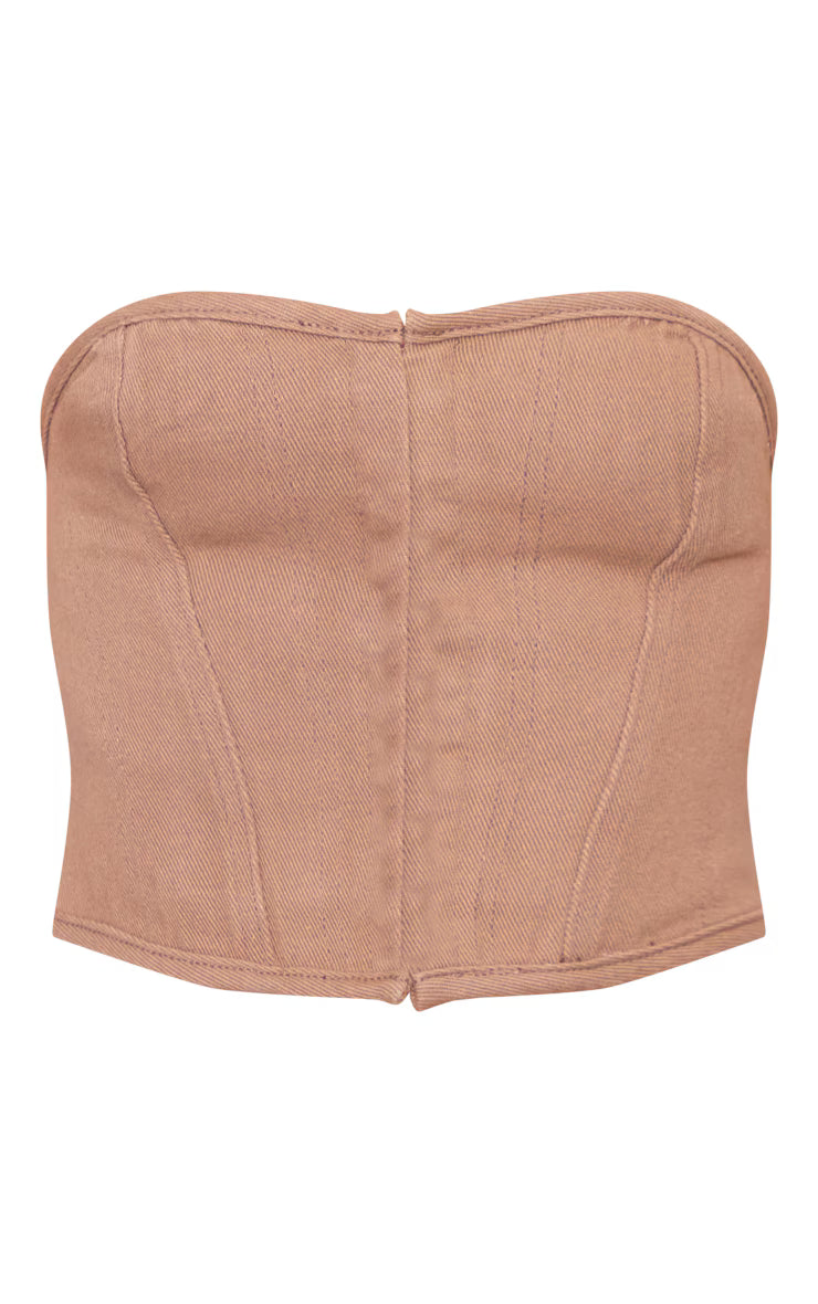 Petite Washed Brown Denim Hook And Eye Corset Top