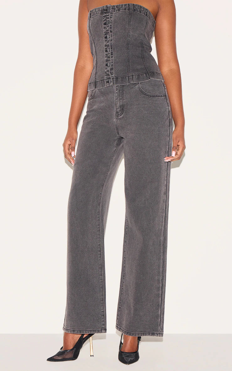 Washed Black Fabric Covered Button Mid Waist Straight Leg Jeans
