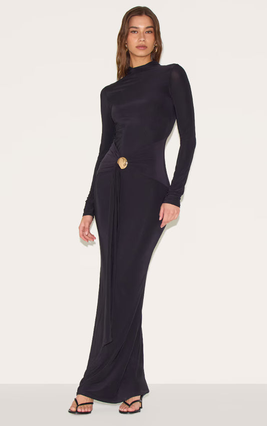 Black Slinky Belt Detail Maxi Dress