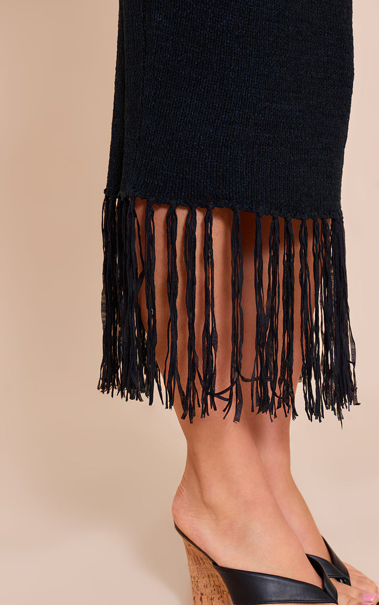 Black Maxi Fringe Knit Dress