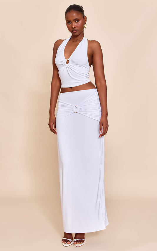 White Ruched Detail Flowy Maxi Skirt