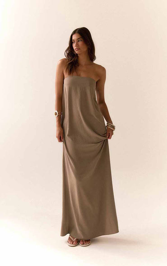 Mushroom Floaty Woven Bandeau Maxi Dress