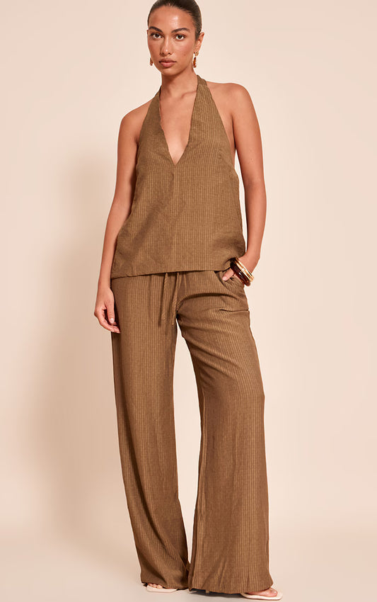 Chocolate Stripe Woven Drawstring Wide Leg Pant