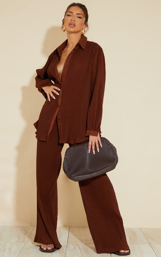 Chocolate Brown Plisse High Waisted Wide Leg Pants