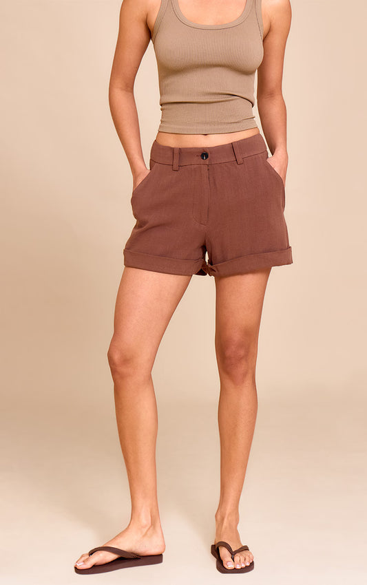 Chocolate Tailored Linen Look Shorts