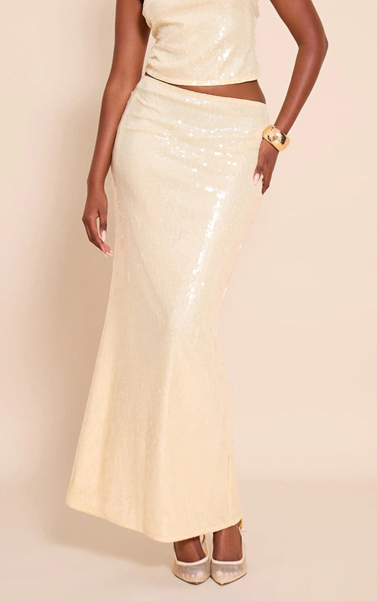 Cream Sequin Low Rise Maxi Skirt