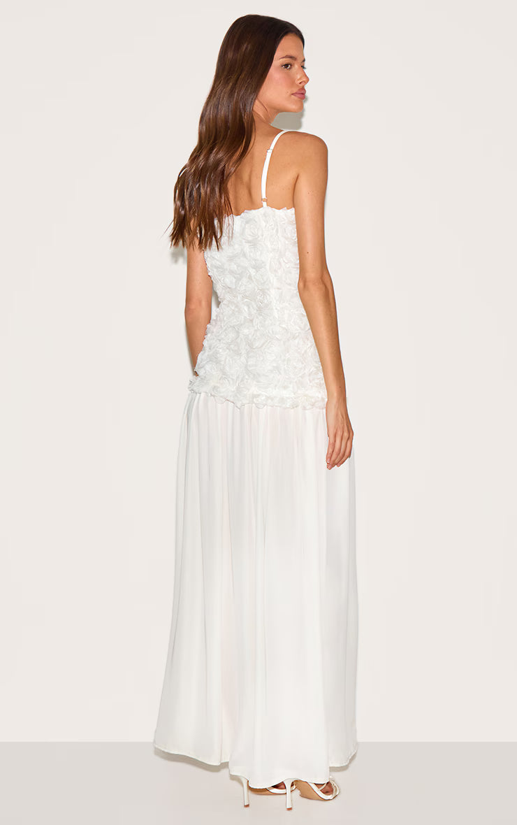 Cream Floral Dropped Waist Maxi Dress
