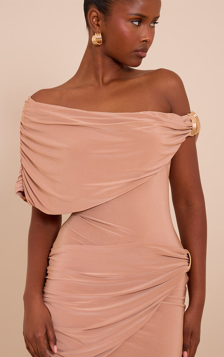 Beige Double Layer Slinky Off The Shoulder Trim Mini Dress