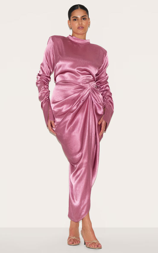 Plus Deep Rose High Neck Ruching Detail Satin Midi Dress