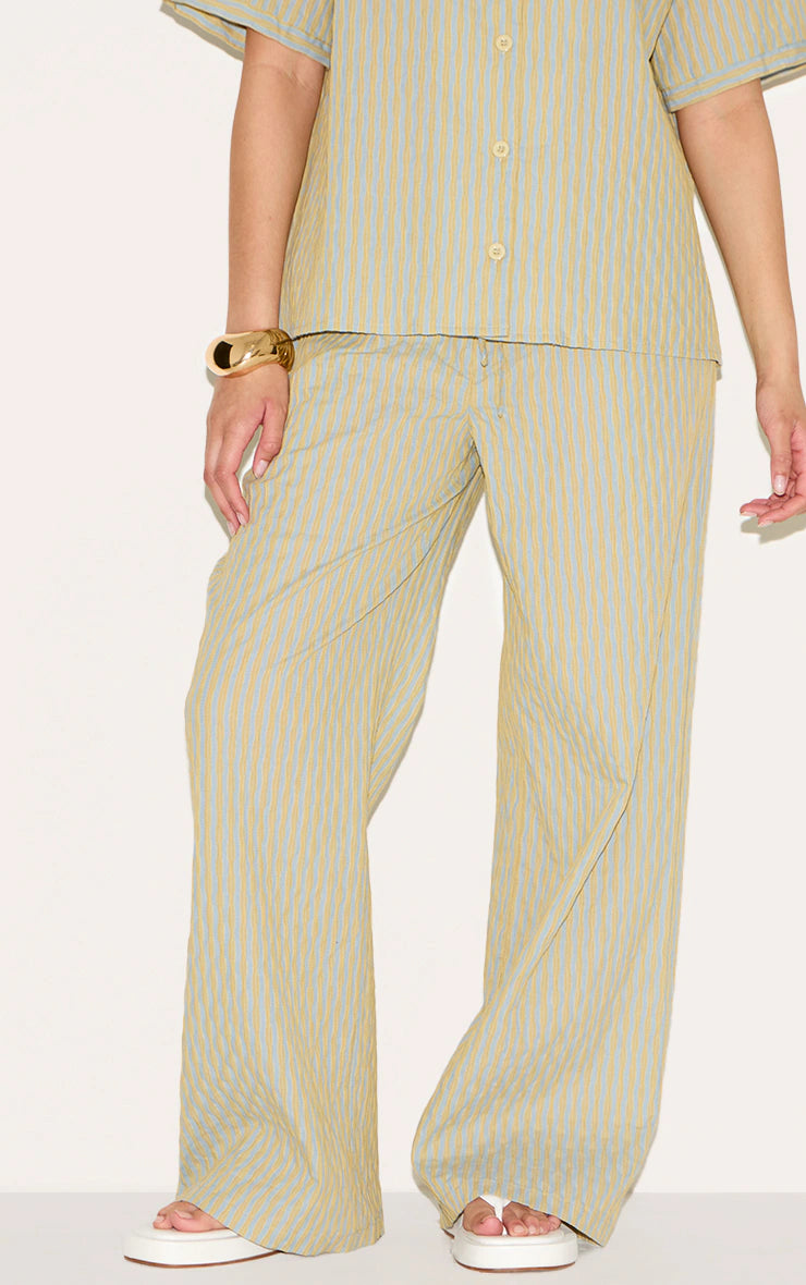 Green Striped Textured Wide Leg Pant