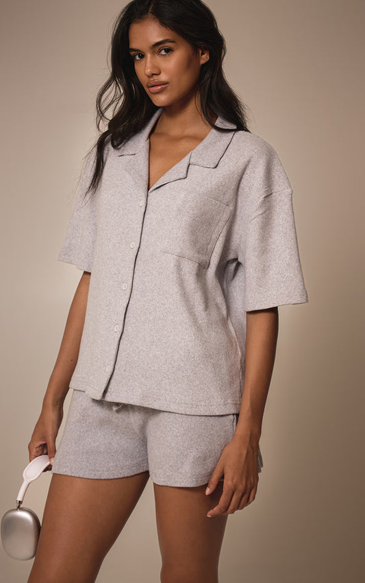 Grey Marl Brushed Rib Button Up Boxy Shirt