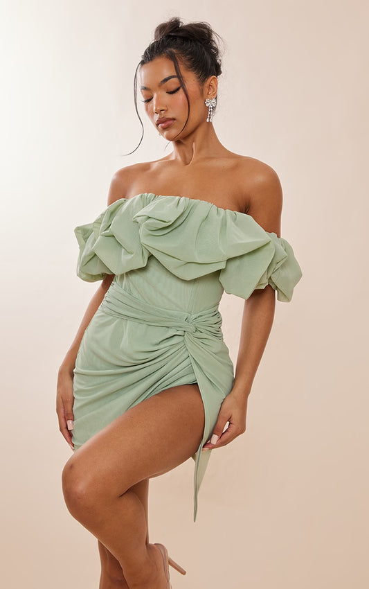Sage Green Mesh Puff Detail Corset Bodycon Dress