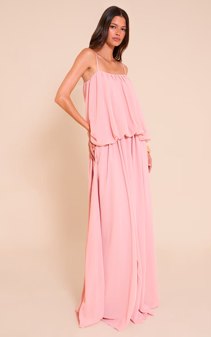 Blush Chiffon Layered Puffball Maxi Dress
