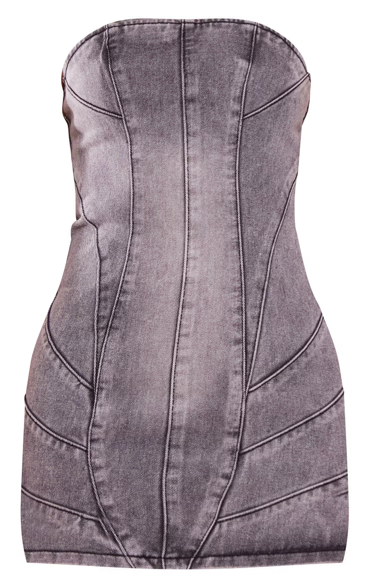 Washed Grey Seam Detail Bandeau Denim Mini Dress