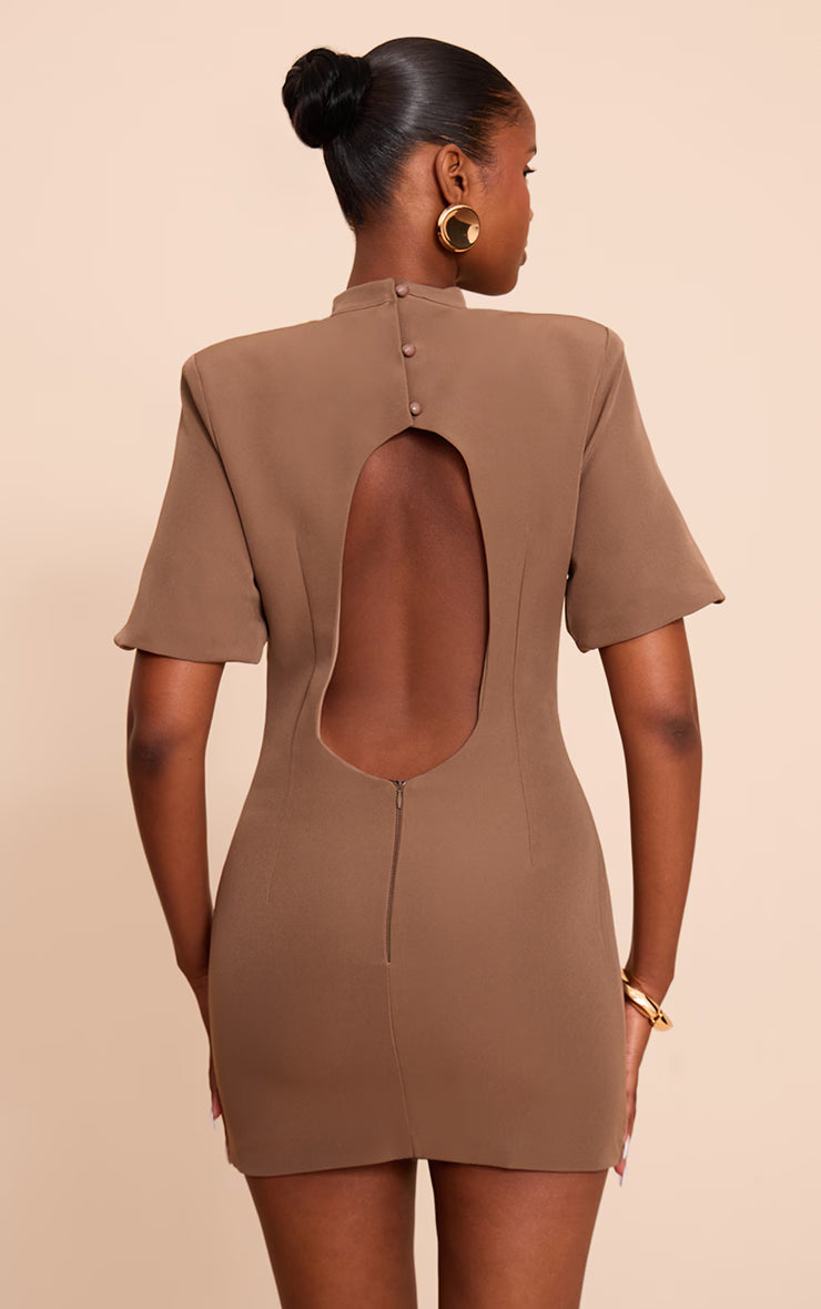 Mushroom Woven Cinched Backless Minii Dress