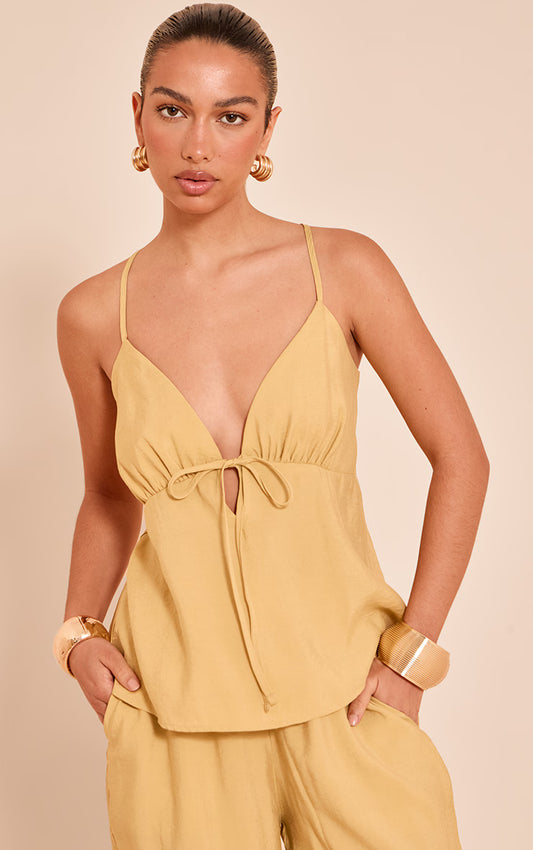Mustard Woven Tie Front Floaty Cami Top