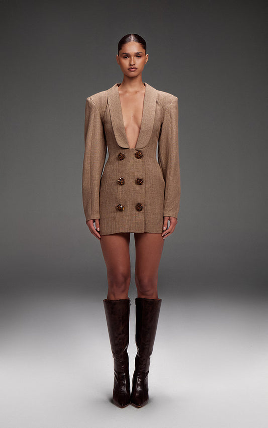 PLT Label Brown Textured Button Plunge Blazer Dress