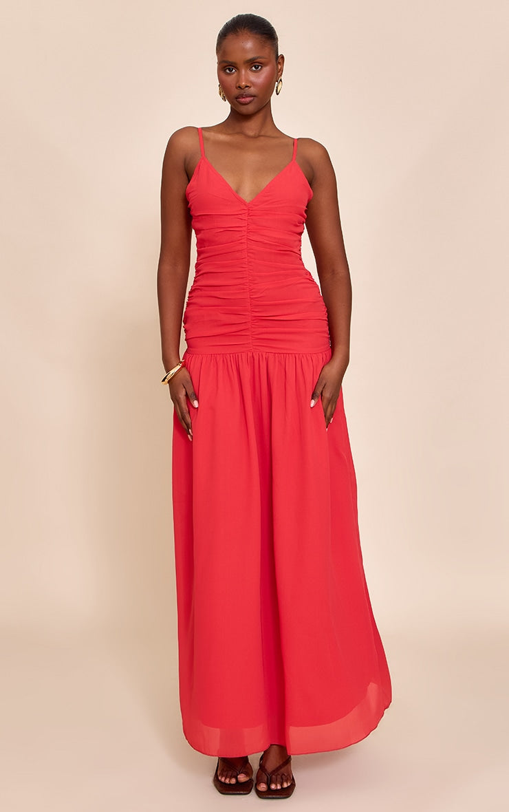 Red Chiffon Ruched Dropped Waist Maxi Dress