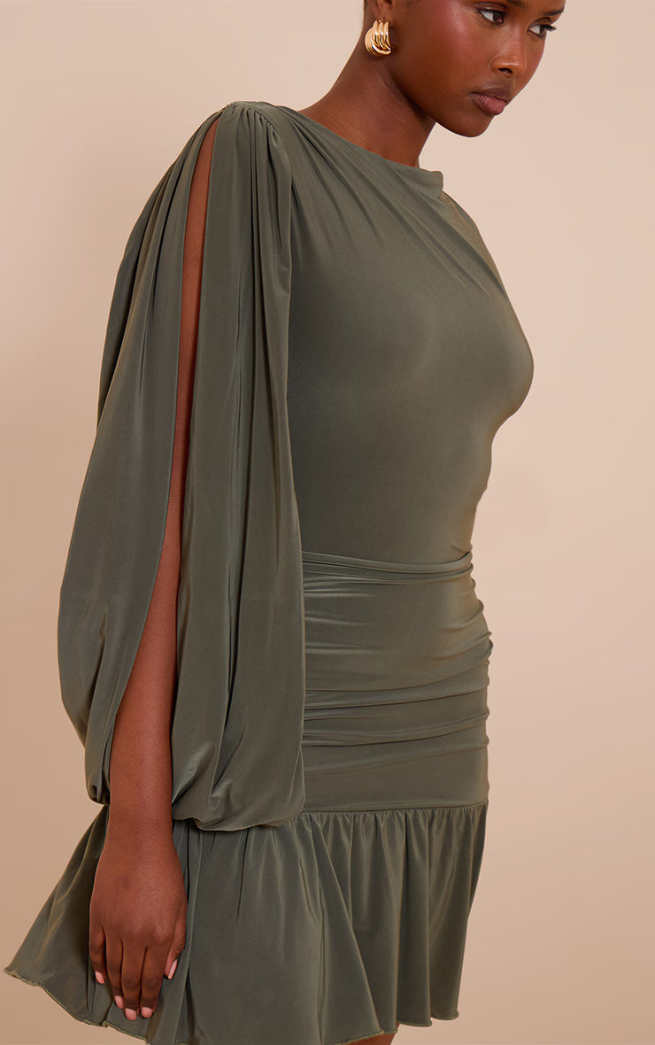 Olive Double Layer Slinky Ruched One Shoulder Mini Dress