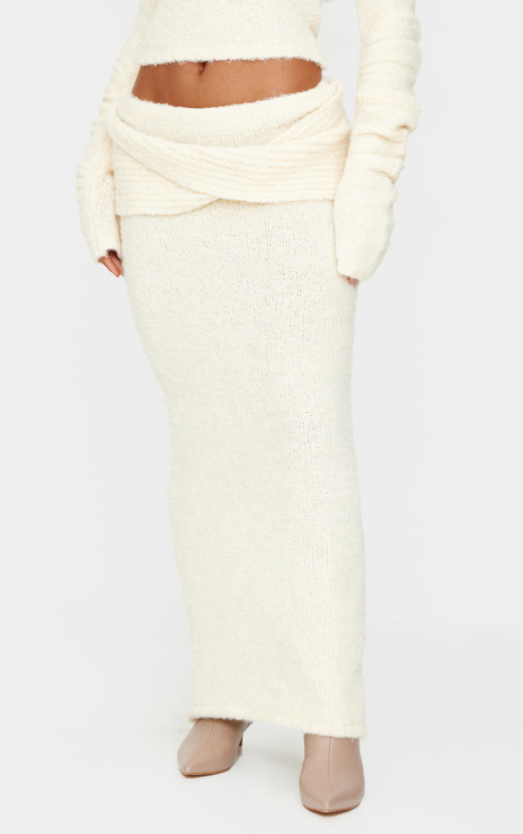 Cream Soft Bobble Knit Foldover Maxi Skirt