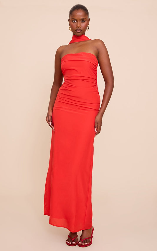 Red Bandeau Scarf Detail Chiffon Maxi Dress