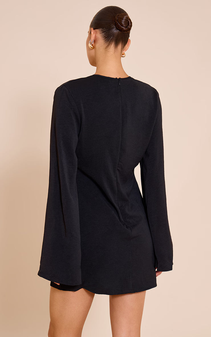 Black Floaty Woven Plunge Ring Detail A Line Mini Dress