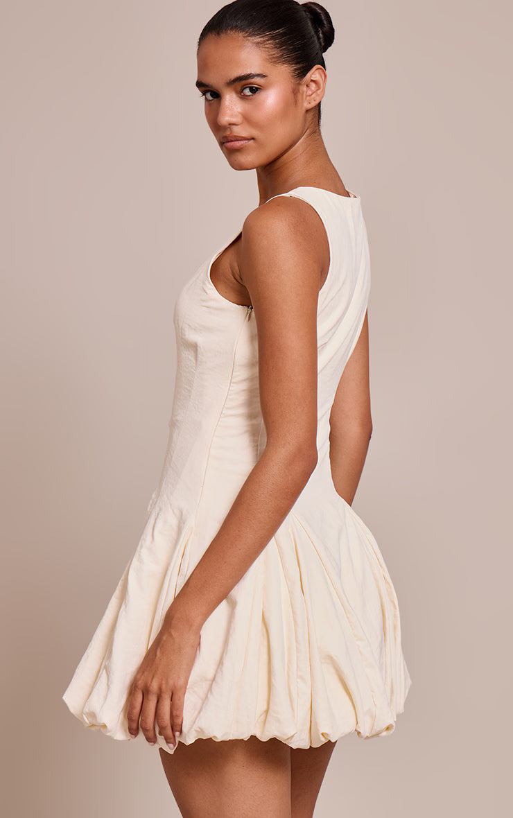 Cream Textured Scoop Neck Puffball Dress