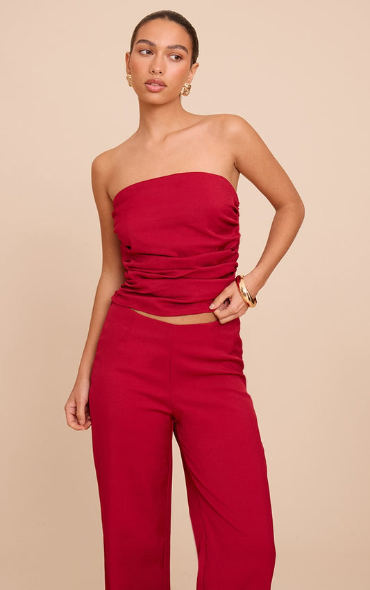Red Tailored Woven Ruched Bandeau Top