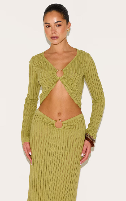 Olive Pointelle Knit Trim Detail Long Sleeve Top