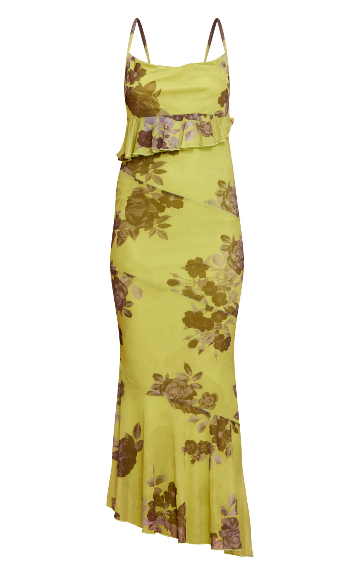 Green Floral Mesh Frill Cowl Back Maxi Dress