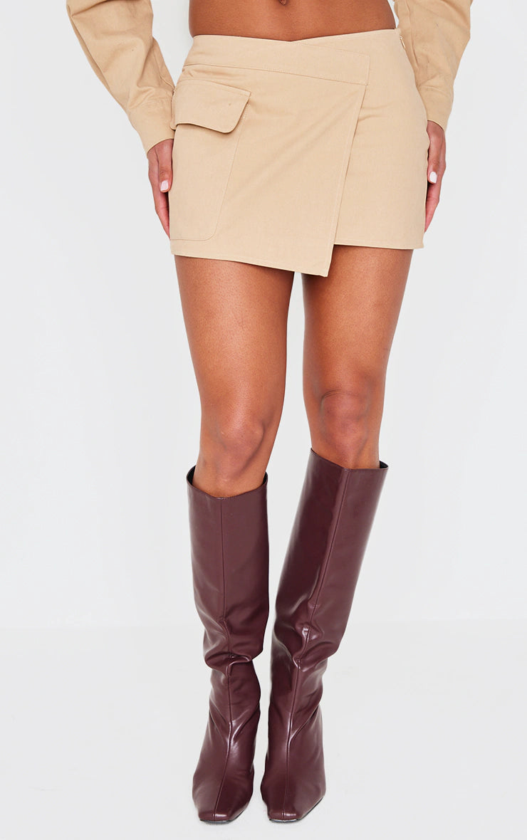 Beige Woven Cargo Wrap Mini Skirt
