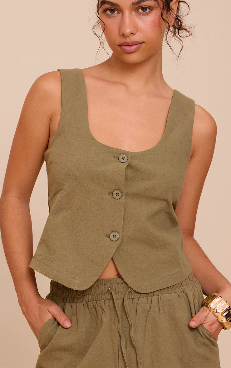 Khaki Tailored Linen Look Scoop Neck Fitted Vest