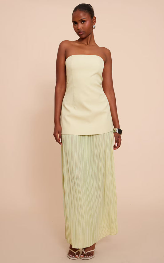 Sage Green Chiffon Pleated Skirt Panel Bandeau Maxi Dress