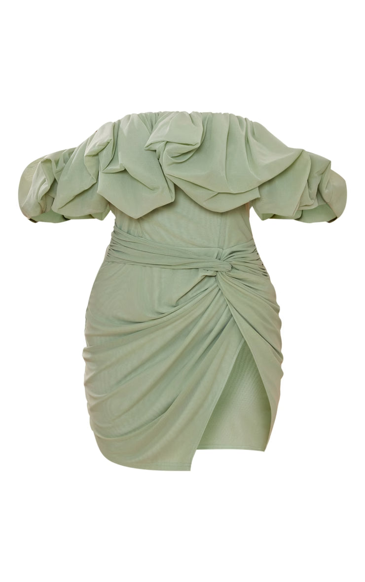 Sage Green Mesh Puff Detail Corset Bodycon Dress