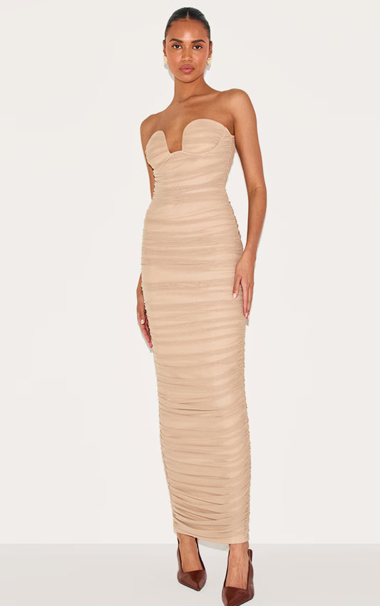 Mushroom Mesh Ruched Bandeau Plunge Maxi Dress