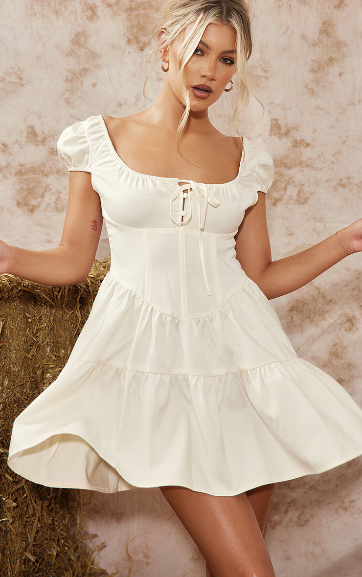 Cream Corset Detail Tie Shift Dress