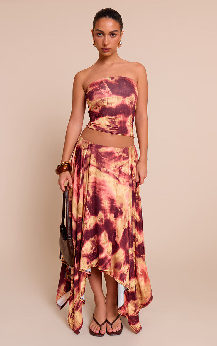Deep Red Abstract Print Double Layer Slinky Bandeau Top