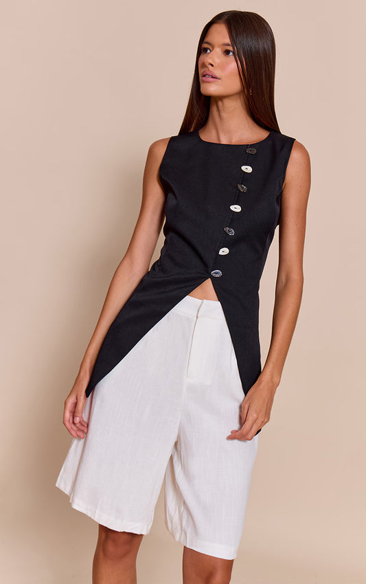 Black Woven Asymmetric Trim Detail Vest