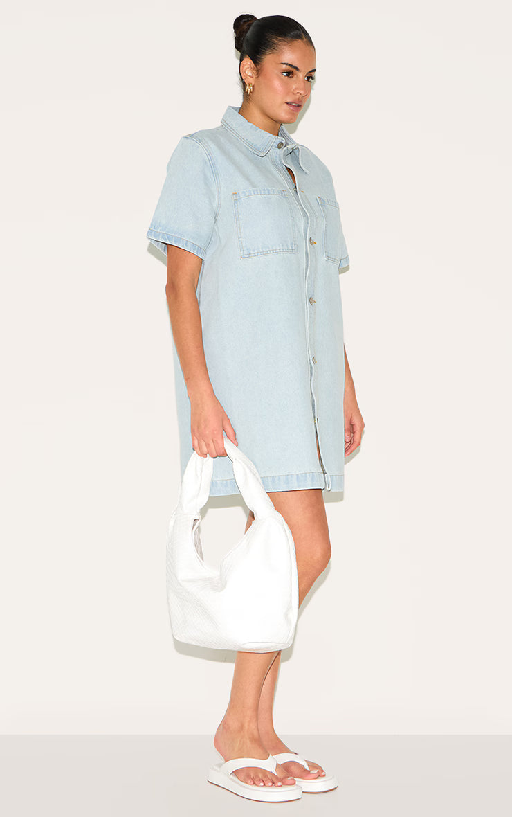 Plus Light Blue Contrast Stitch Denim Shirt Dress