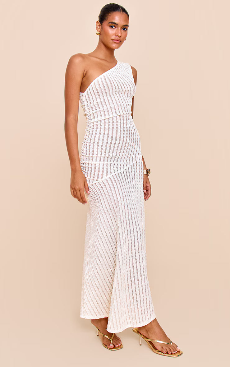 Cream Textured One Shoulder Ruched Maxi Dress