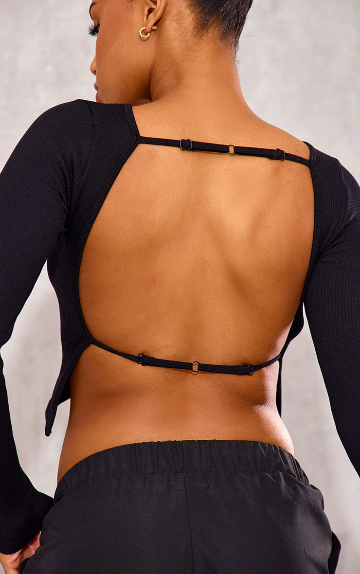 Black Snatched Rib Back Detail Long Sleeve Top