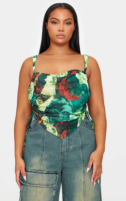 Plus Green Abstract Print Mesh Layered Corset Top