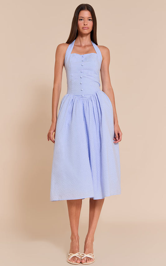 Baby Blue Embroidered Cotton Halterneck Midaxi Dress