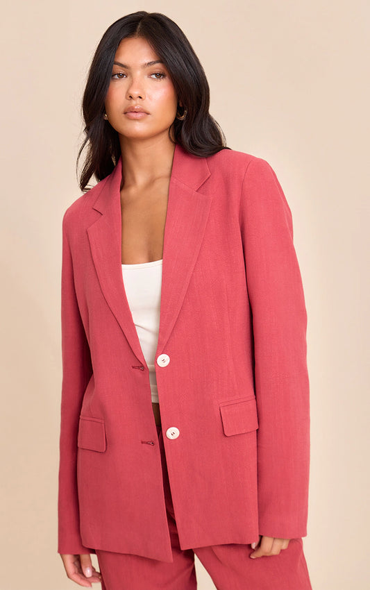 Dark Red Tailored Linen Oversized Blazer