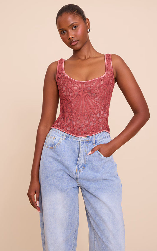 Rose Textured Sheer Floral Square Neck Corset