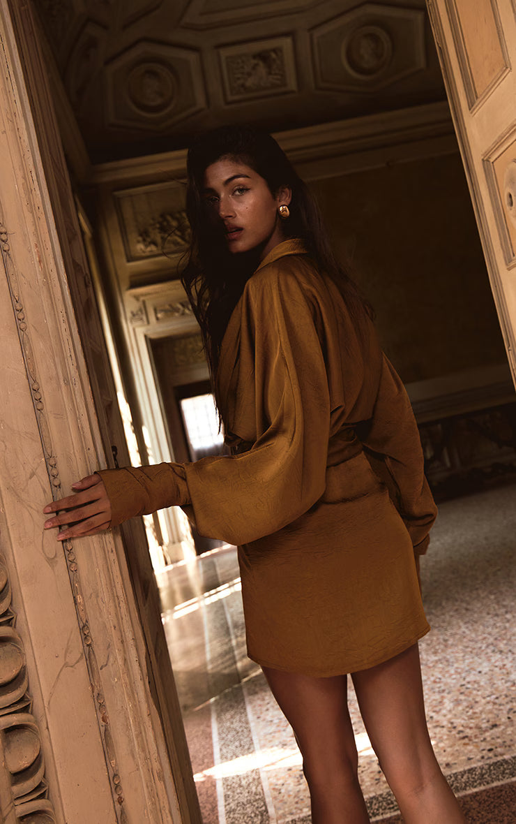 PLT Label Gold Hammered Satin Long Sleeve Plunge Mini Dress