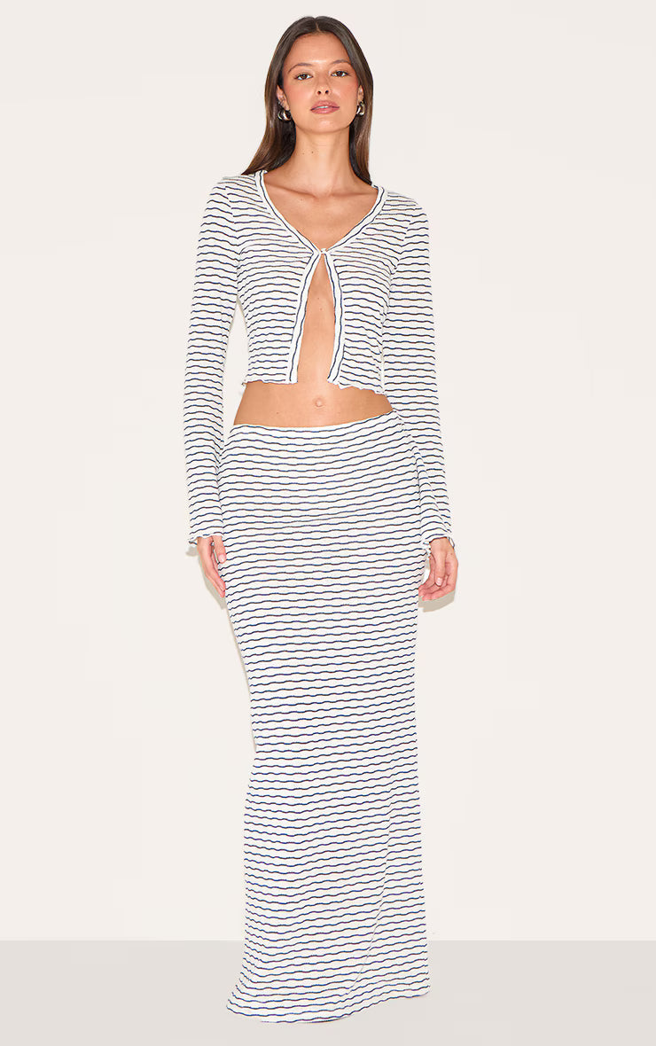 Navy Textured Striped Button Cardigan