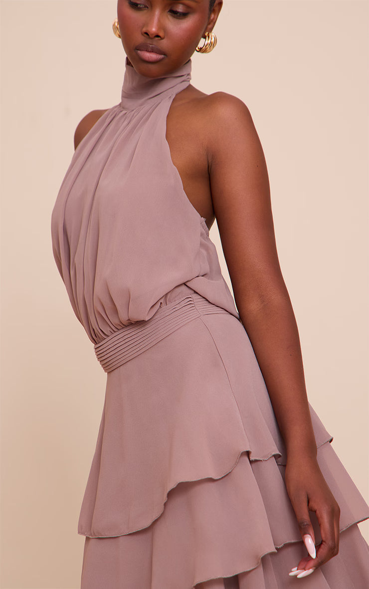 Taupe Chiffon Tiered Maxi Dress